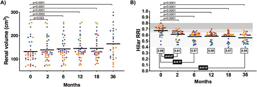 隨時間測量的腎體積和腎動脈阻力指數。