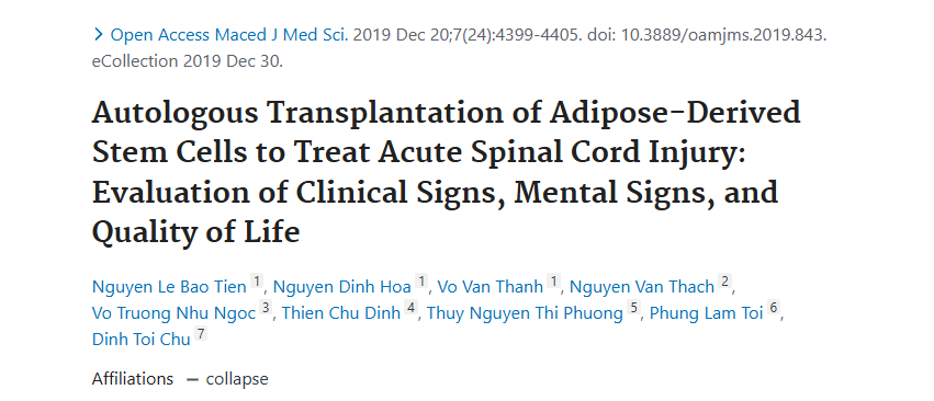 脂肪干細胞自體移植治療急性脊髓損傷：臨床癥狀、精神癥狀和生活質量評估