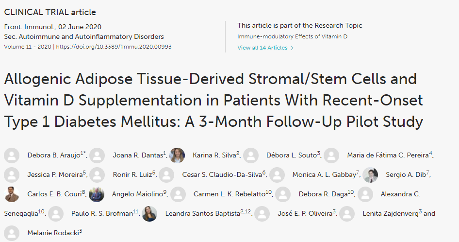 干細(xì)胞和維生素D補充劑在新發(fā)1型糖尿病患者中的應(yīng)用:一項為期3個月的后續(xù)試點研究 干細(xì)胞和維生素D補充劑在新發(fā)1型糖尿病患者中的應(yīng)用:一項為期3個月的后續(xù)試點研究