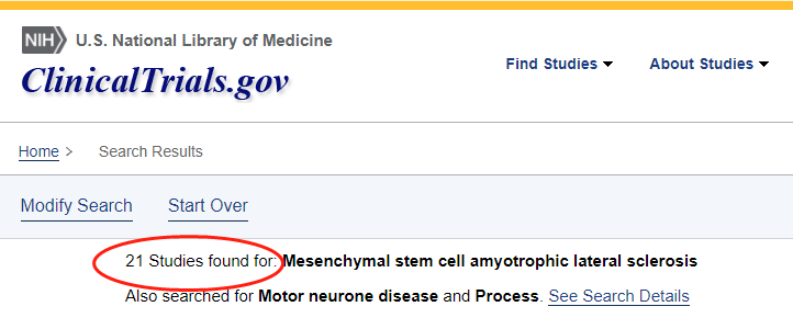 clinicaltrials.gov網站上注冊的有關間充質干細胞治療肌萎縮側索硬化癥的臨床研究項目有21項。