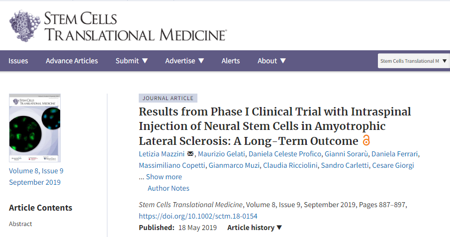 脊髓內(nèi)注射神經(jīng)干細(xì)胞治療肌萎縮性側(cè)索硬化癥的I期臨床試驗(yàn)結(jié)果：一個(gè)長(zhǎng)期結(jié)果