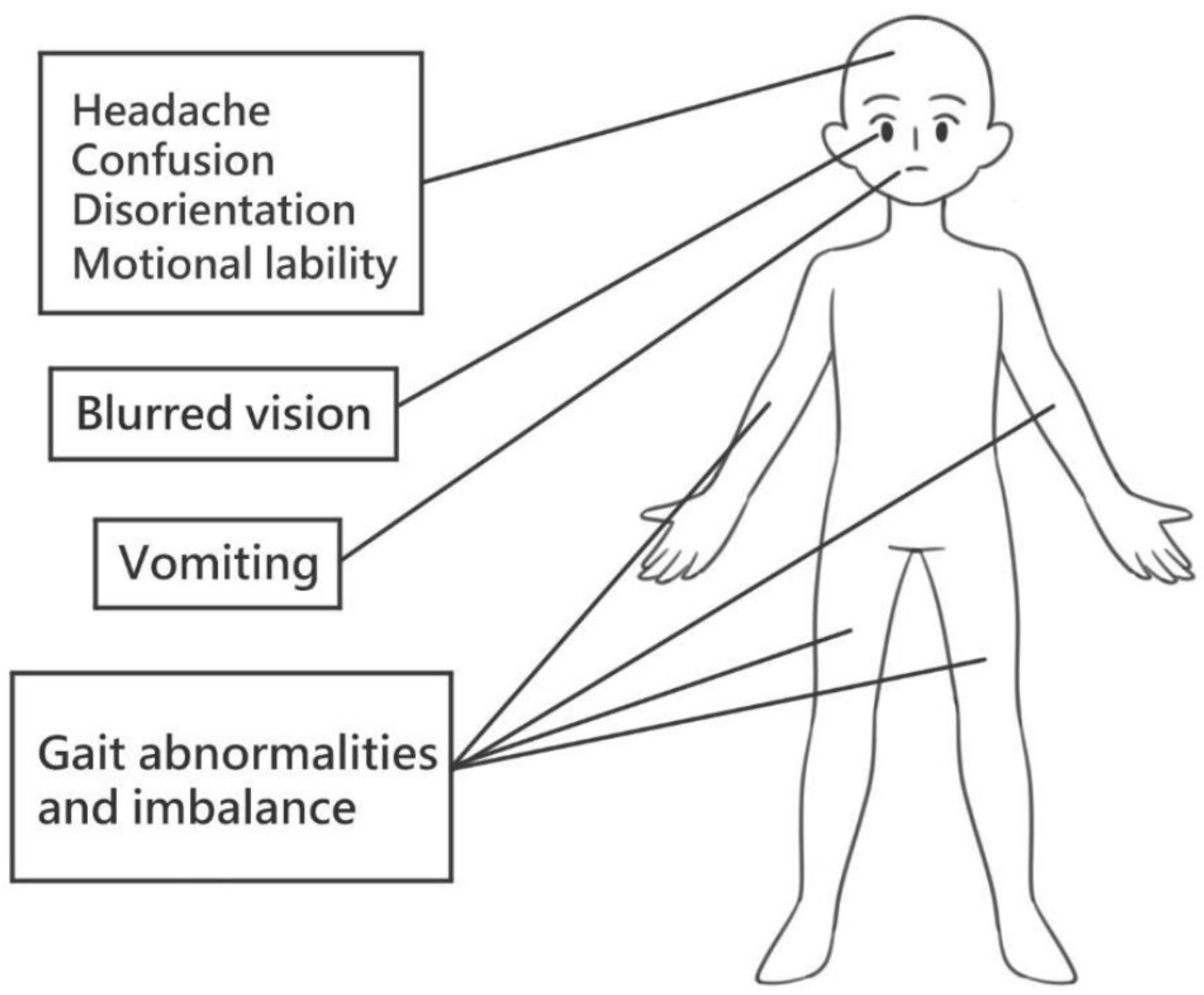 圖2：急性TBI后的臨床癥狀。急性創傷性腦損傷后，可能會出現各種臨床表現，例如頭痛、精神錯亂、迷失方向、情緒不穩定、視力模糊、嘔吐和步態異常。