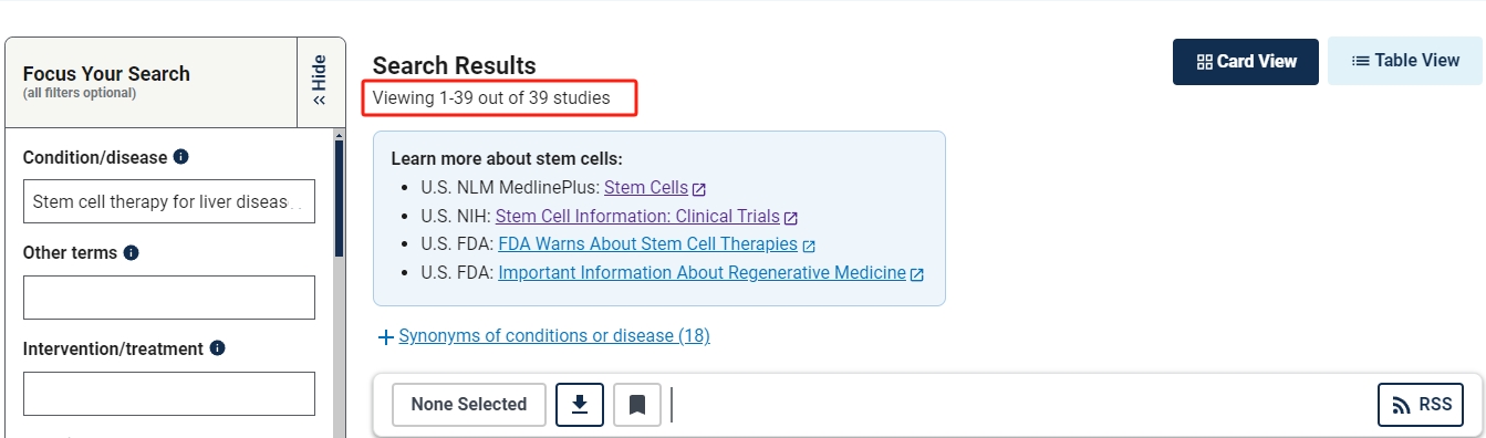 干細(xì)胞治療肝病的臨床研究項目有39項
