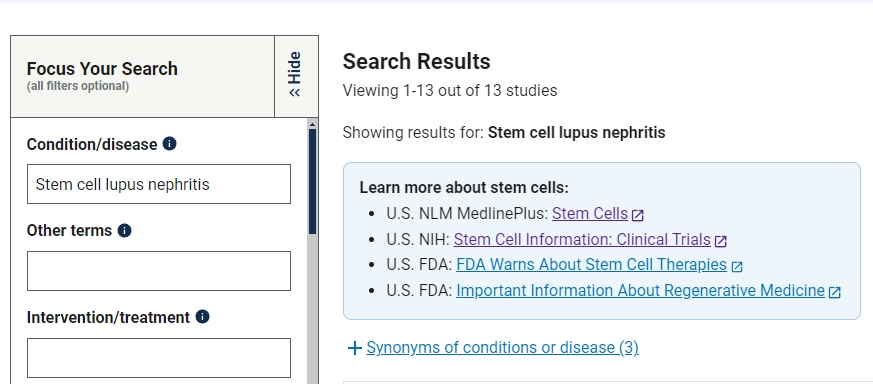干細(xì)胞治療的狼瘡性腎炎的臨床研究項(xiàng)目13項(xiàng)