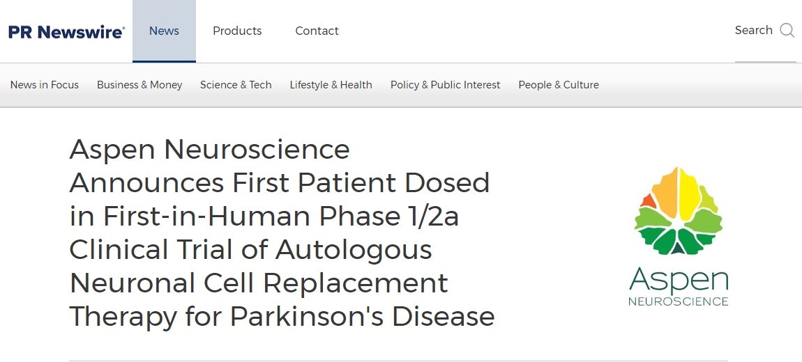 Aspen Neuroscience 宣布帕金森病自體神經元細胞替代療法首次人體 1/2a 期臨床試驗中首例患者給藥
