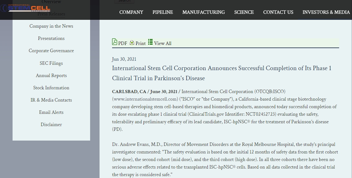 另一種療法ISC-hpNSC正在由加利福尼亞州的國際干細胞公司開發。