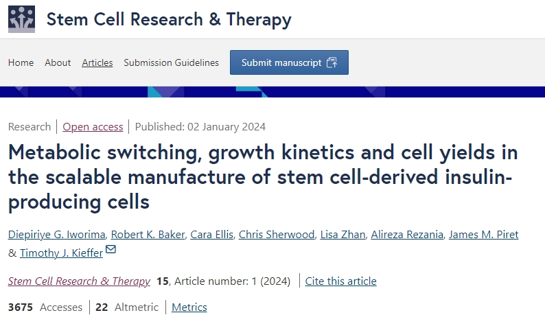 干細胞衍生的胰島素生產(chǎn)細胞的可擴展制造中的代謝轉(zhuǎn)換、生長動力學(xué)和細胞產(chǎn)量