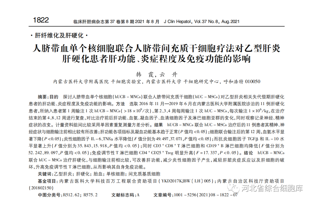 人臍帶血單個核細胞聯合人臍帶問充質干細胞療法對乙型肝炎肝硬化患者肝功能、炎癥程度及免疫功能的影響