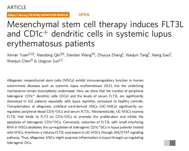 間充質干細胞治療系統性紅斑狼瘡患者誘導 FLT3L 和 CD1c+ 樹突狀細胞