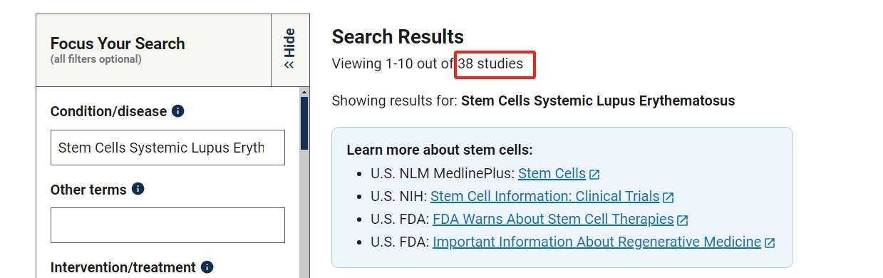 clinicaltrials.gov網站上注冊的有關干細胞治療系統性紅斑狼瘡的臨床研究項目有38項。其中已完成的有10項。 clinicaltrials.gov網站上注冊的有關干細胞治療系統性紅斑狼瘡的臨床研究項目有38項。其中已完成的有10項。