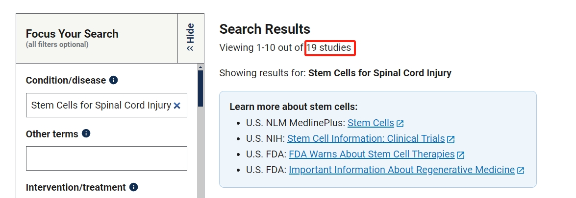 干細胞治療脊髓損傷的臨床研究項目有19項。其中已完成的有4項。