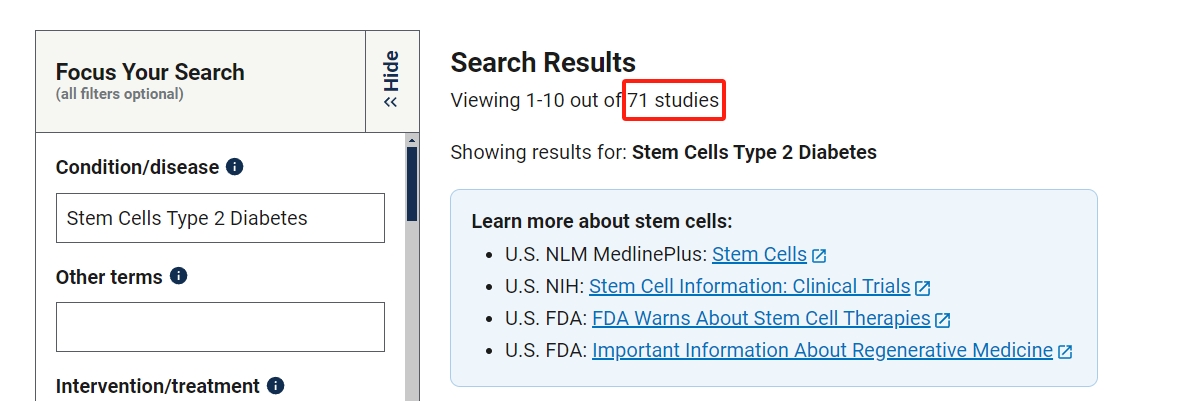 關干細胞治療2型糖尿病的臨床研究項目有71項。其中已完成的有39項。