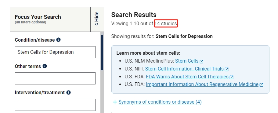 干細胞治療抑郁癥臨床研究項目有14項。其中已完成的有10項。