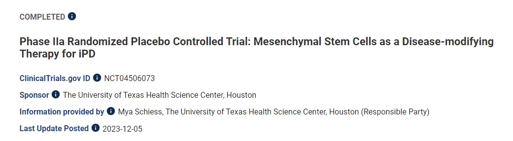 IIa期隨機安慰劑對照試驗：間充質(zhì)干細(xì)胞作為iPD的疾病改良療法