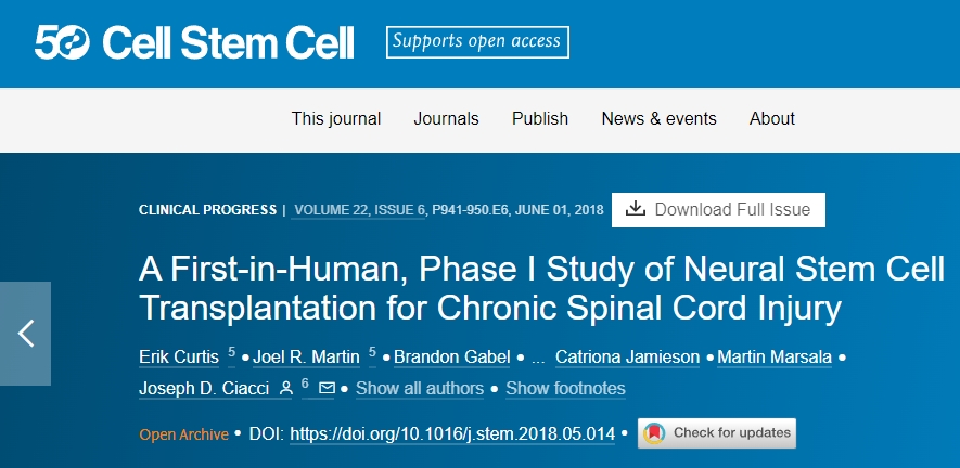 首次在人體中進行的I期神經干細胞移植治療慢性脊髓損傷的研究。