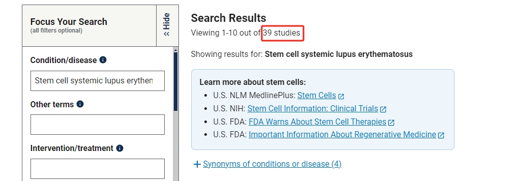 干細(xì)胞治療系統(tǒng)性紅斑狼瘡臨床研究項(xiàng)目有39項(xiàng)。其中國內(nèi)發(fā)布的占據(jù)8項(xiàng)。 干細(xì)胞治療系統(tǒng)性紅斑狼瘡臨床研究項(xiàng)目有39項(xiàng)。其中國內(nèi)發(fā)布的占據(jù)8項(xiàng)。