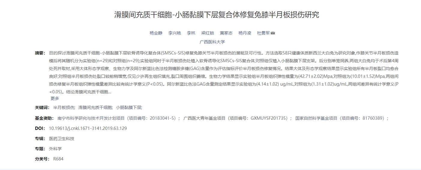 滑膜間充質干細胞-小腸黏膜下層復合體修復兔膝半月板損傷研究