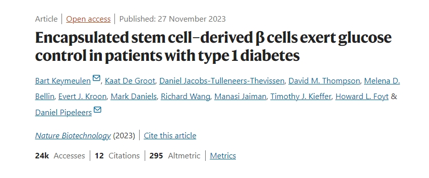 封裝的干細胞衍生β細胞在1型糖尿病患者中發揮血糖控制作用 封裝的干細胞衍生β細胞在1型糖尿病患者中發揮血糖控制作用