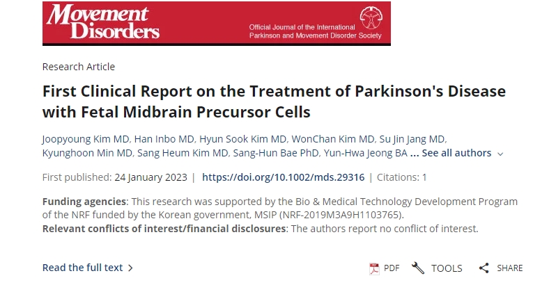 利用胎兒中腦前體細胞治療帕金森病的首份臨床報告