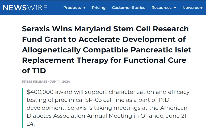 Seraxis 獲得馬里蘭州干細胞研究基金資助，加速開發同種異體相容性胰島替代療法，實現 1 型糖尿病功能性治愈