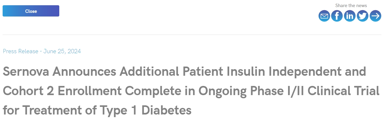 Sernova 宣布正在進行的 1/2 期臨床試驗中，額外的胰島素獨立患者和第 2 組患者入組已完成！用于治療 1 型糖尿病