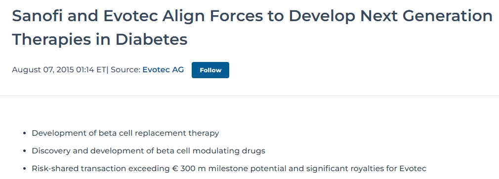 糖尿病療法賽諾菲與 Evotec 聯手開發下一代