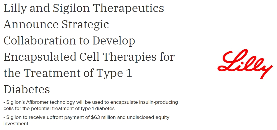 Lilly公司與 Sigilon Therapeutics 宣布開展戰略合作，開發用于治療 1 型糖尿病的封裝細胞療法