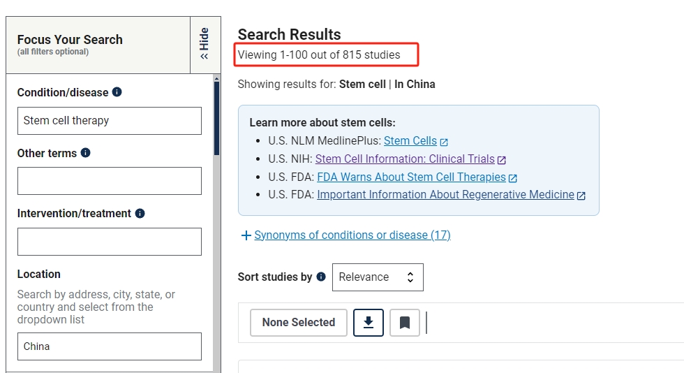 在中國進行的干細胞臨床研究的項目有815項