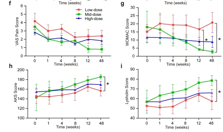 VAS 疼痛評分 ( f )、WOMAC 評分 ( g )。AKS 膝關節評分 ( h ) 和 Lysholm 膝關節量表 ( i )。