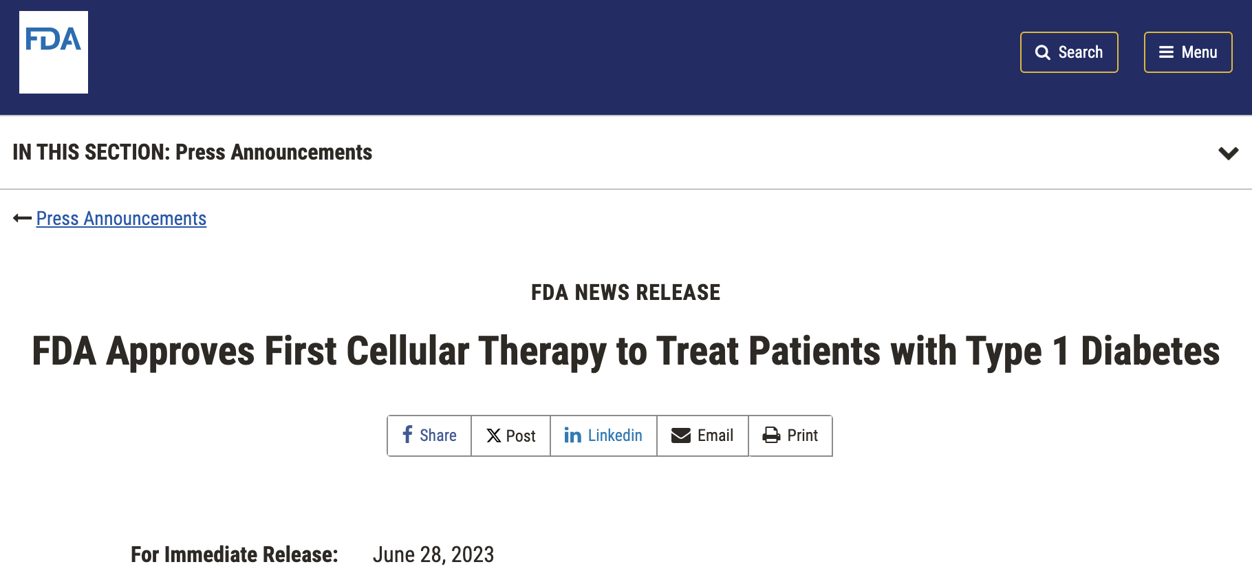 FDA 批準首個用于治療 1 型糖尿病患者的細胞療法