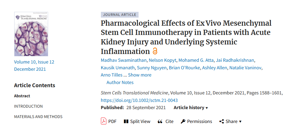 《體外間充質干細胞免疫治療對急性腎損傷和潛在全身炎癥患者的藥理作用》