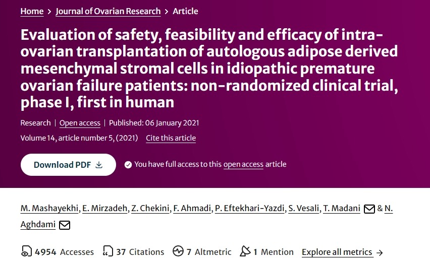 評估自體脂肪來源的間充質基質細胞卵巢內移植治療特發性卵巢早衰患者的安全性、可行性和有效性’的I期非隨機臨床試驗。 評估自體脂肪來源的間充質基質細胞卵巢內移植治療特發性卵巢早衰患者的安全性、可行性和有效性的I期非隨機臨床試驗。