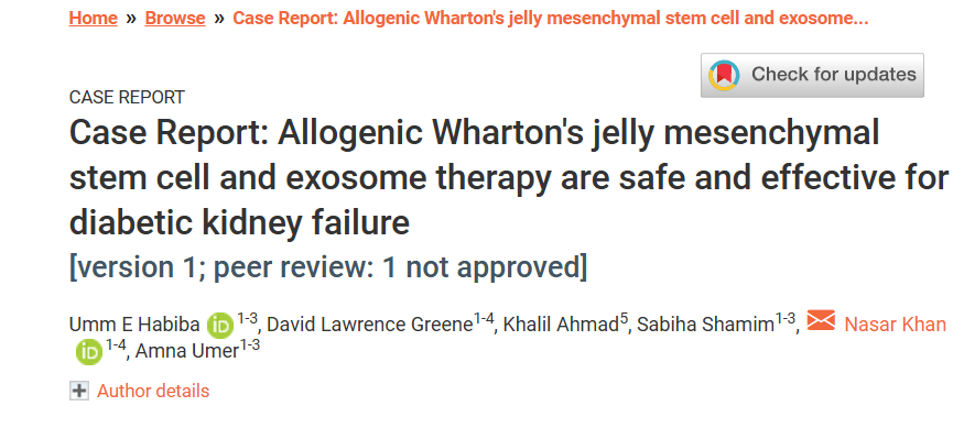 病例報告：同種異體華通氏膠間充質干細胞和外泌體療法對糖尿病腎衰竭安全有效