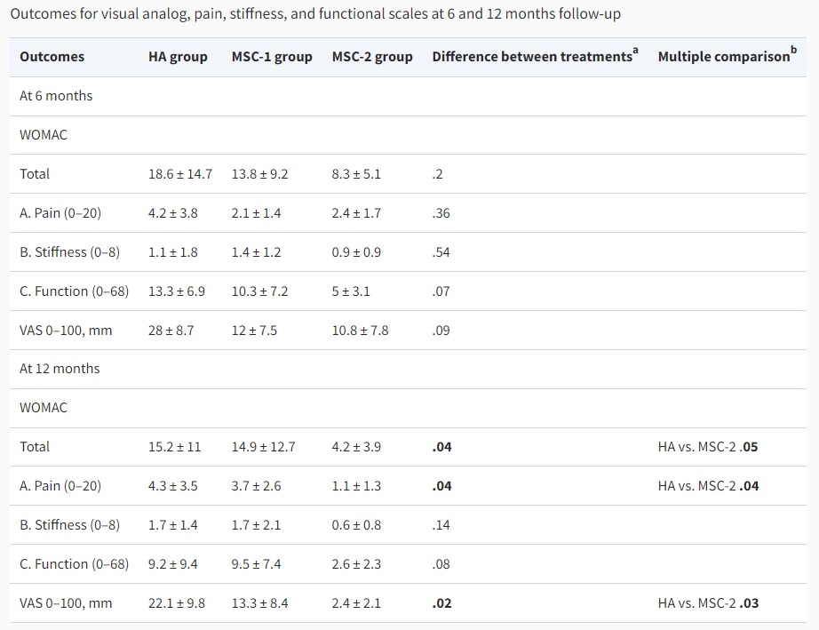 圖2：6個月和12個月隨訪中的視覺模擬、疼痛、僵硬和功能量表結(jié)果