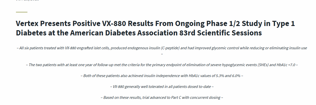 Vertex 在美國(guó)糖尿病協(xié)會(huì)第 83 屆科學(xué)會(huì)議上公布了正在進(jìn)行的 1/2 期1型糖尿病 VX-880 研究的積極結(jié)果。
