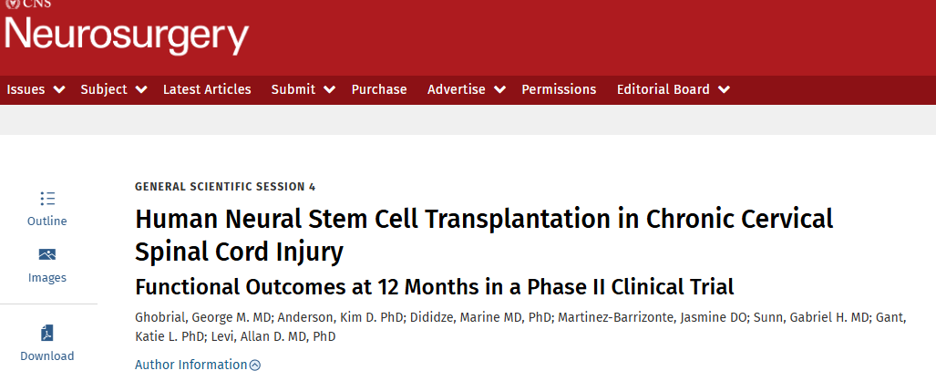 人類神經干細胞移植治療慢性頸脊髓損傷II 期臨床試驗 12 個月后的功能結果 人類神經干細胞移植治療慢性頸脊髓損傷II 期臨床試驗 12 個月后的功能結果