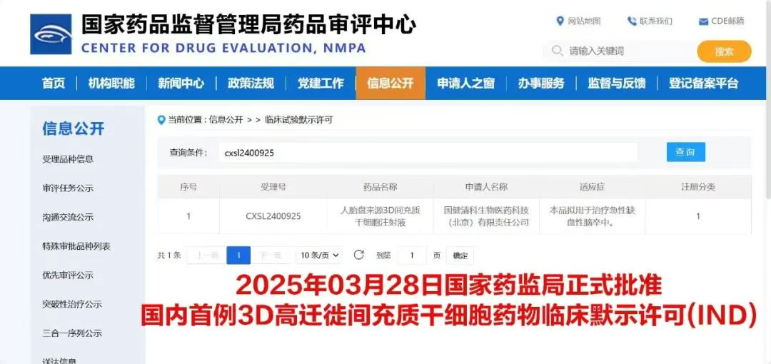 人胎盤來源3D間充質干細胞（MSC）注射液"正式獲得國家藥品監督管理局（NMPA）臨床試驗默示許可（IND）