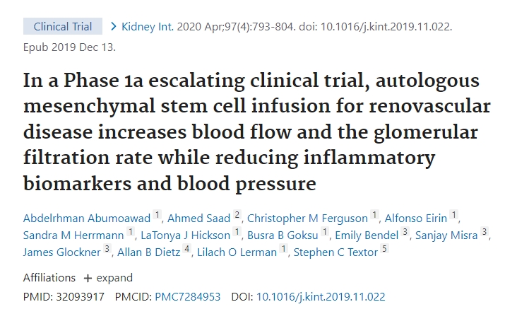 在Ia期升級臨床試驗中,自體間充質干細胞輸注治療腎血管疾病可增加血流量和腎小球濾過率,同時降低炎癥生物標志物和血壓 在Ia期升級臨床試驗中,自體間充質干細胞輸注治療腎血管疾病可增加血流量和腎小球濾過率,同時降低炎癥生物標志物和血壓