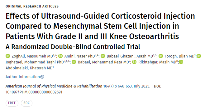 超聲引導(dǎo)下皮質(zhì)類固醇注射與間充質(zhì)干細(xì)胞注射對II級和III級膝關(guān)節(jié)骨關(guān)節(jié)炎患者的影響比較隨機(jī)雙盲對照試驗(yàn)