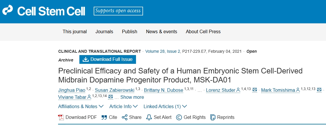 人類胚胎干細胞衍生的中腦多巴胺祖細胞產品MSK-DA01的臨床前療效和安全性