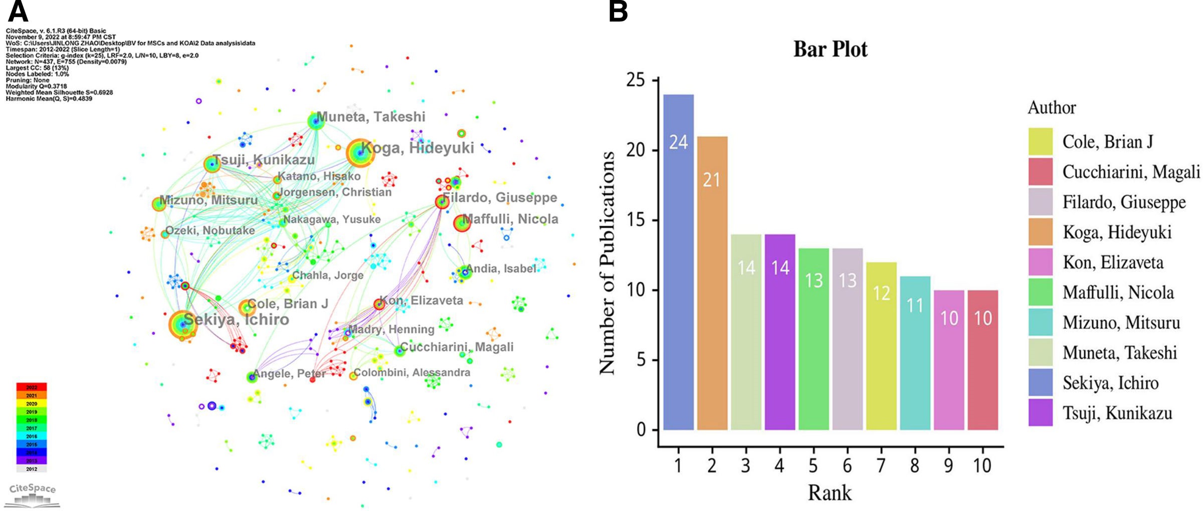 圖3:(A) 參與MSCs和KOA研究的作者網絡可視化。(B) 前10位高產作者。 圖3:(A) 參與MSCs和KOA研究的作者網絡可視化。(B) 前10位高產作者。