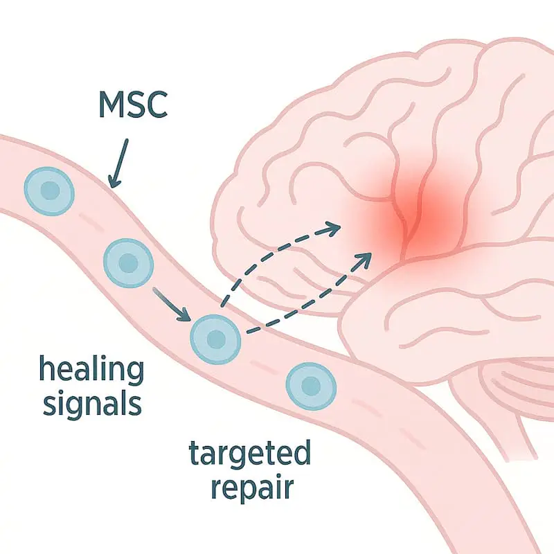 MSCs在血液中循環，并通過生物活性分子向細胞發送信號。這觸發了個體自身干細胞的激活過程，從而緩解炎癥并加速神經系統內的生理過程。