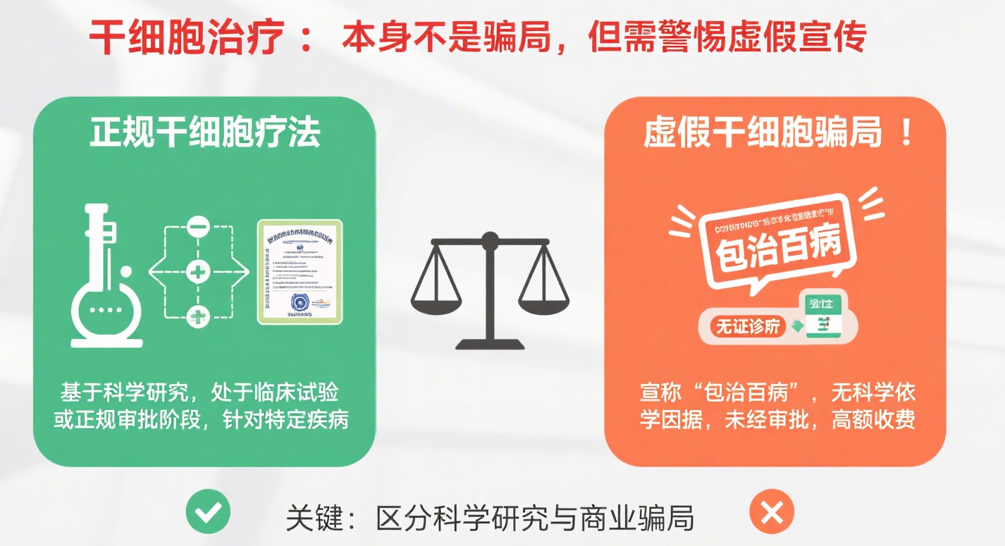 干細(xì)胞療法本身不是騙局，但市面上很多打著干細(xì)胞旗號(hào)的治療可能是騙局。