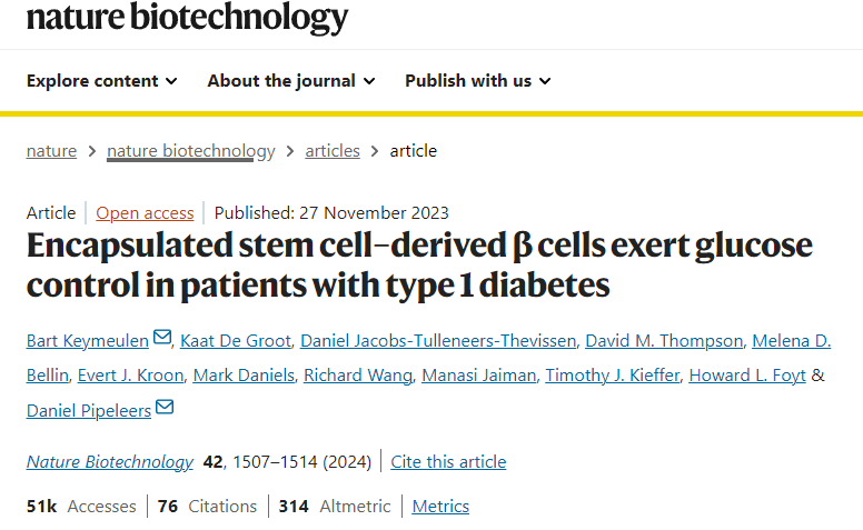 封裝的干細胞衍生β細胞在1型糖尿病患者中發揮血糖控制作用 封裝的干細胞衍生β細胞在1型糖尿病患者中發揮血糖控制作用