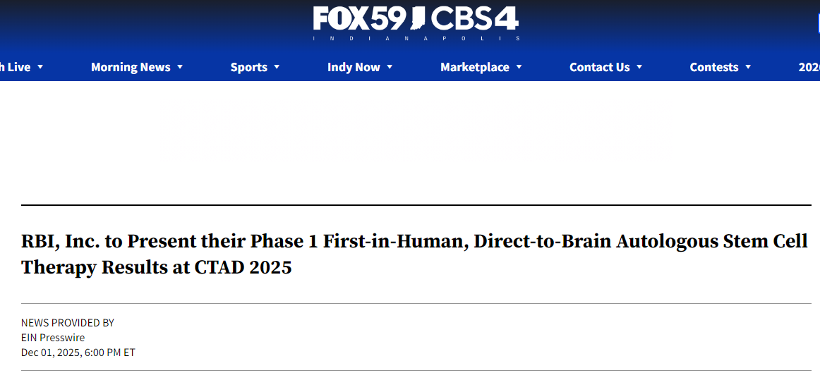 RBI公司將在2025年CTAD大會上公布其首次人體自體干細胞直接靶向腦部的I期臨床試驗結果。