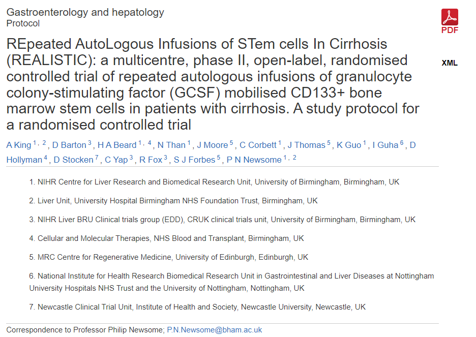 REALISTIC（重復自體干細胞輸注治療肝硬化）：一項多中心、II期、開放標簽、隨機對照試驗