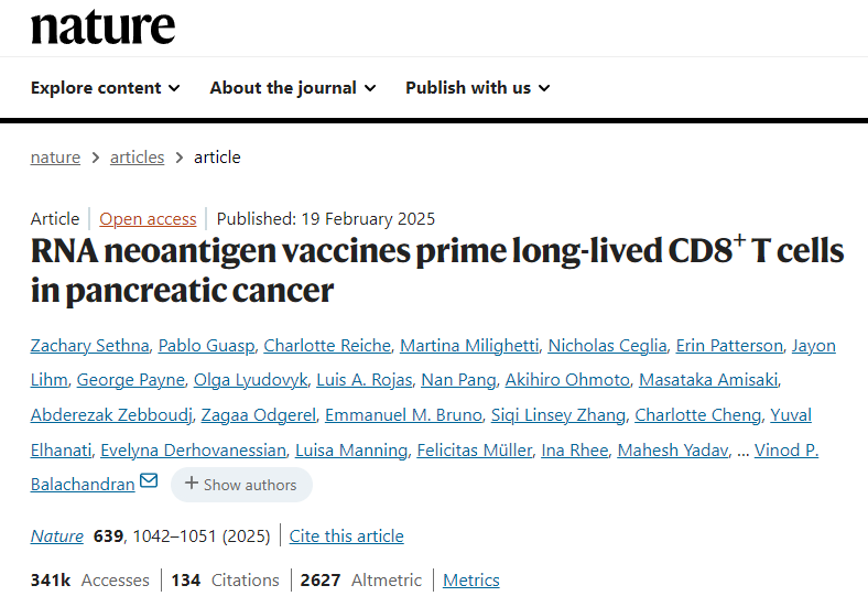RNA新抗原疫苗可激活胰腺癌中的長壽命CD8 + T細胞