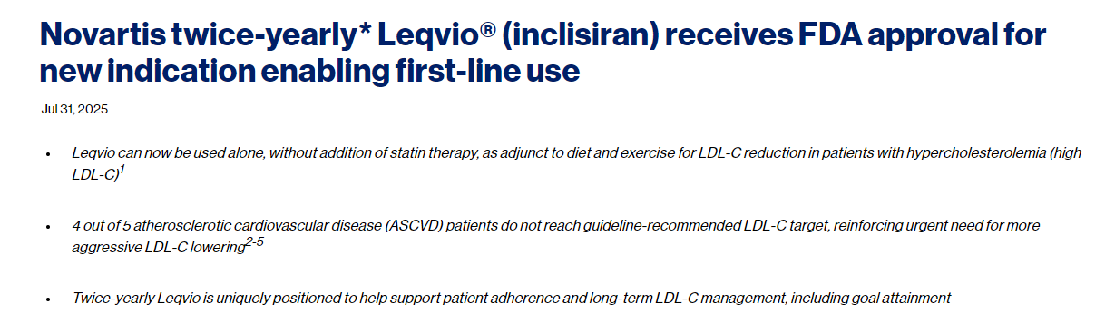 諾華公司每半年*推出的 Leqvio?（inclisiran）獲得 FDA 批準，用于新的適應癥，使其成為一線治療藥物。